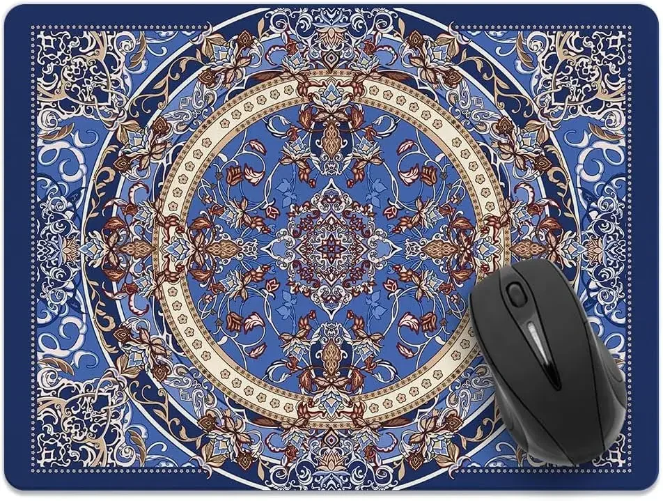 Small Size Non-Slip Rectangle Mouse Pads Vintage Oriental Blue Persian Floral Rug Mice Mats for Home Office Gaming Computer Desk