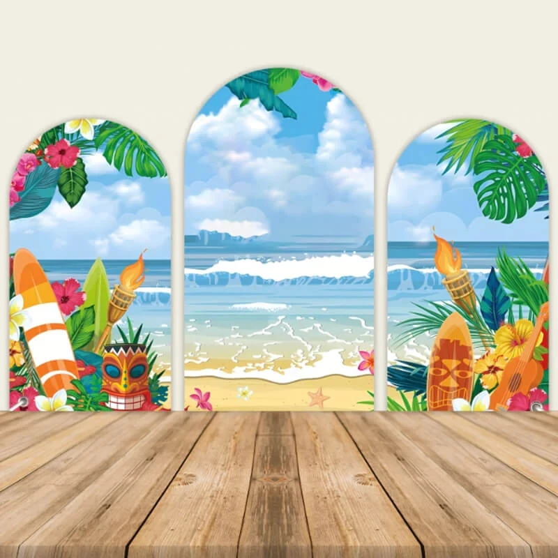 Summer Aloha Hawaii Arched Backdrop Cover Luau Party Tropical Flower Beach Sea Flamingo Baby Birthday Photo Background Wall
