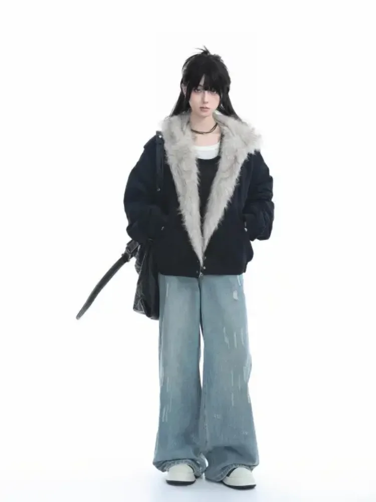

American retro spicy girl fur collar hooded cotton jacket winter trend Y2K Harajuku style women's thick and plush warm top