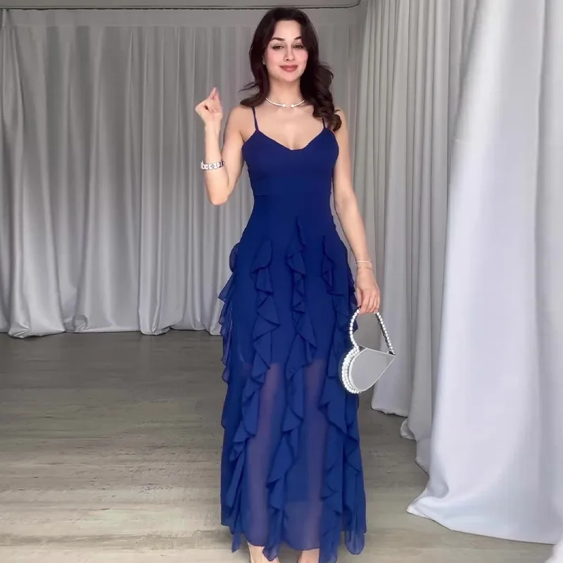 

Long Dress Women Sling Dresses A Line Vestidos Ruffles Streetwear V Neck Sleeveless Sexy Backless Party Y2k Night 2025 Wedding