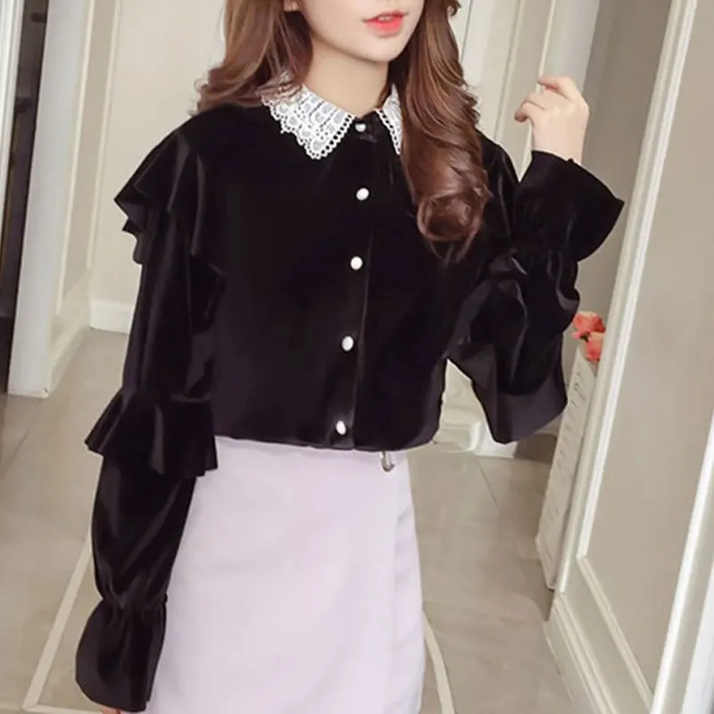 Sweet Ruffles Spliced Velvet Shirt Women\'s Clothing Commute Lace Lapel Autumn Winter Solid Color Elegant Single-breasted Blouse