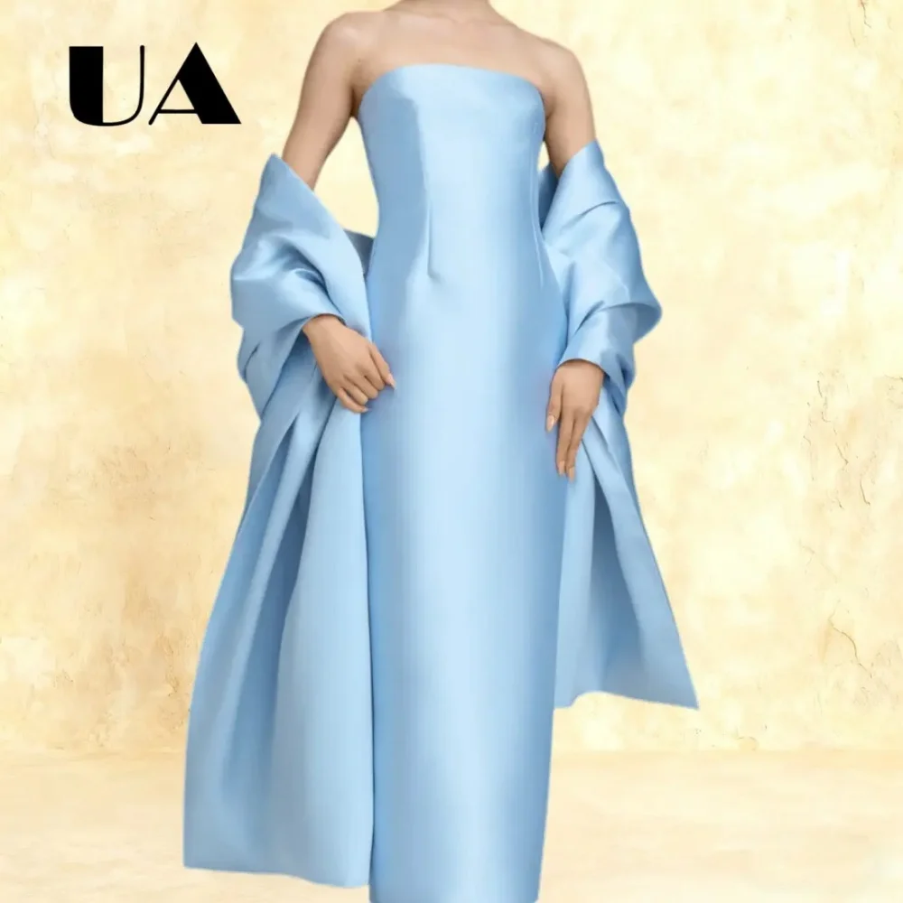 Elegantes langes Etui-Abschlussballkleid mit Umhang, solide Abendkleider in maßgeschneiderter Größe für Frauen, trägerloses, maßgeschneidertes Partykleid aus Satin