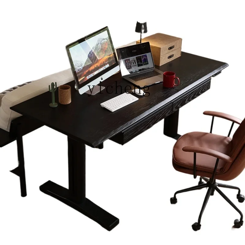 Zf Solid Wood Black Intelligent Electric Lifting Table Household Double Motor Workbench Computer Desk