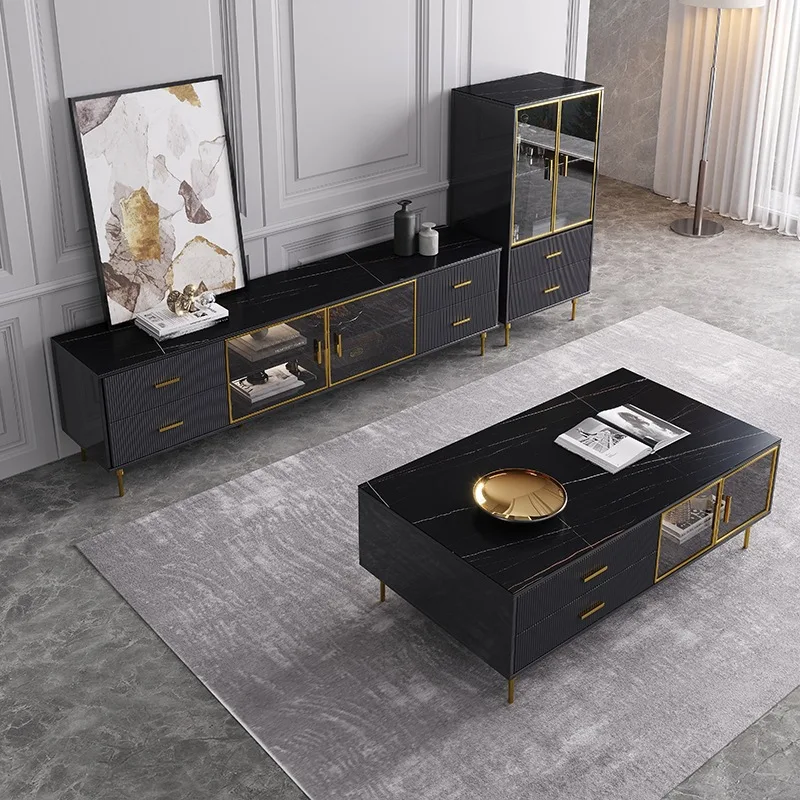 Size round light luxury Italian rock slab TV cabinet coffee table combination modern simple living room small apartment
