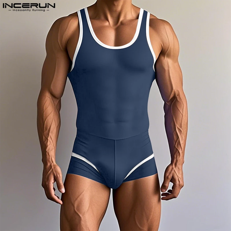 INCERUN Men Bodysuits Patchwork O-neck Sleeveless Summer Male Rompers Playsuits Streetwear Workout Sexy 2025 Cozy Bodysuit Men