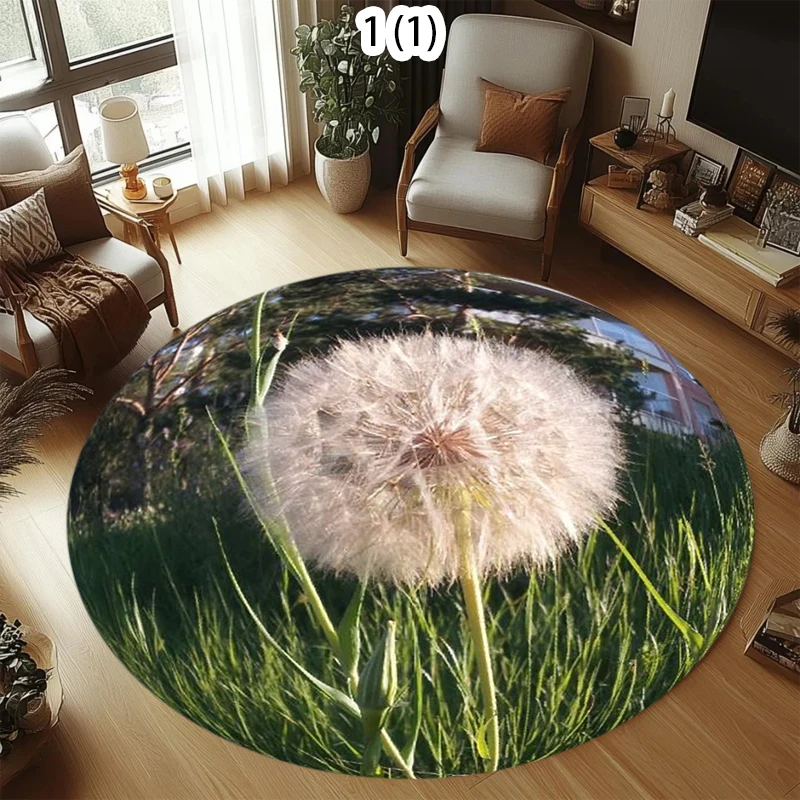 Nature Scenery Round Area Rug Cherry Blossom Daisy Print Non-slip Decorative Carpet for Living Room Bedroom Cozy Soft Floor Mat