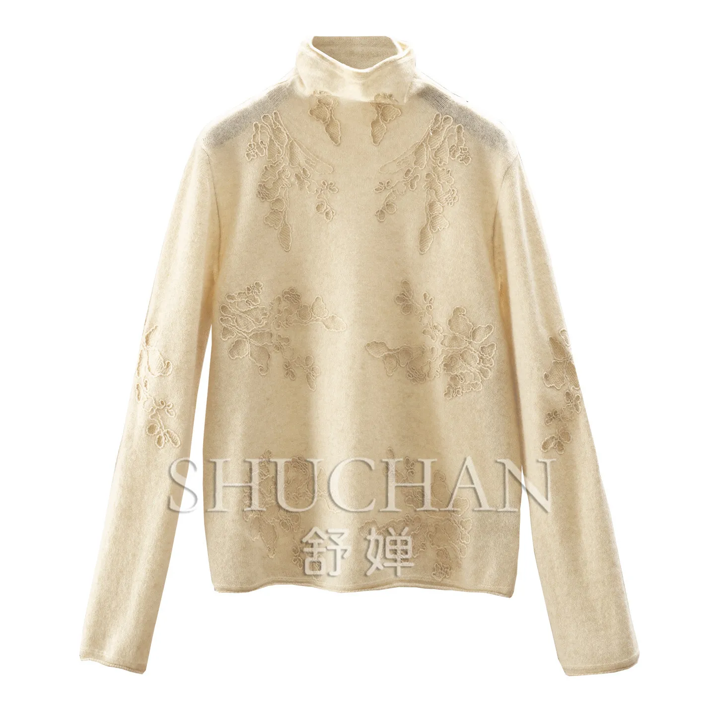 Thin Pullover Velvet Flower Narrative, Gold Silk Embroidery Stack Collar Cashmere Curled Sweater Women's F082