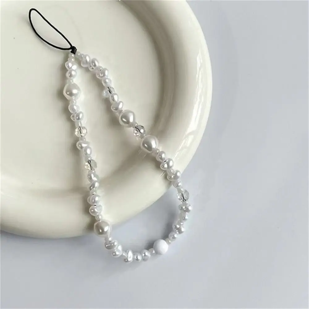 Baroque Pearl Crystal White Pearl Glass Beaded Phone Charm Mobile Phone Chain Anti-Lost Lanyard Phone Wrist Strap Phone Lanyard