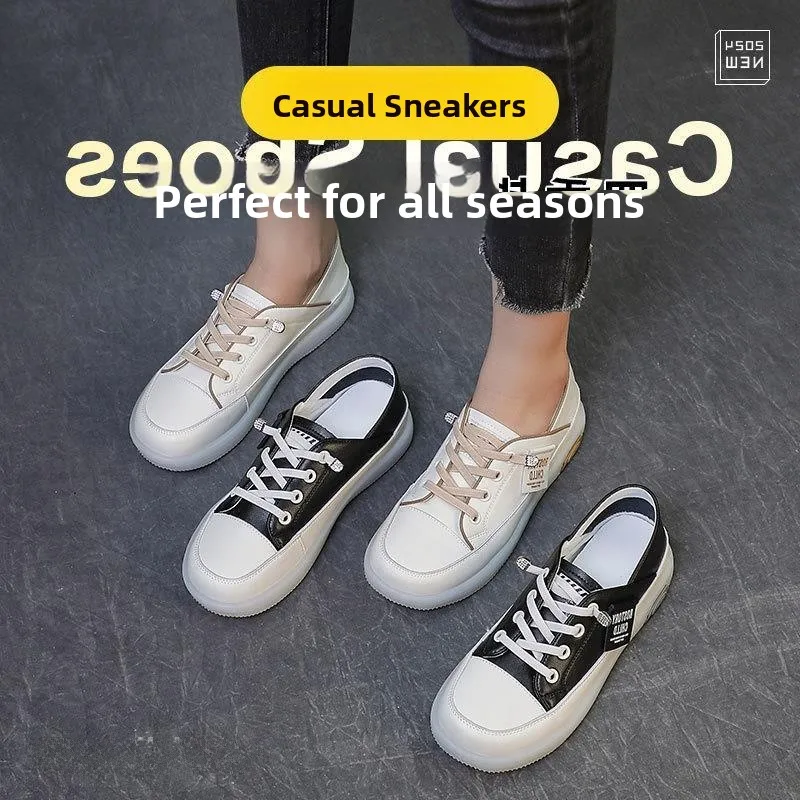 

Casual Style Soft Leather Slip-On Women's Shoes Summer College Wind Leisure White Sneakers TPR Outsole round Toe Flat Heel