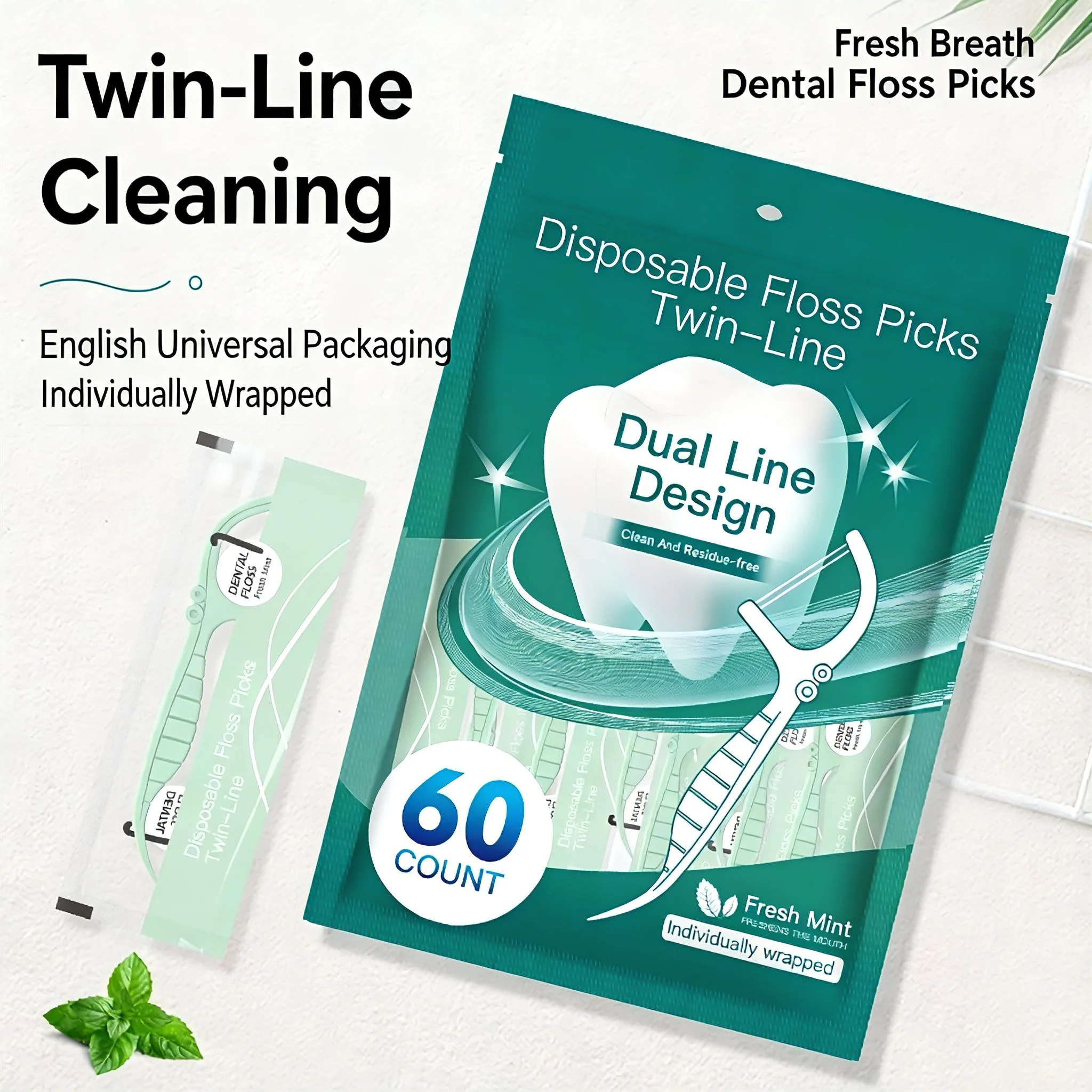 60-Count Mint Flavored Dental Floss Picks Double-Strand Individually Wrapped Neutral High Tensile Strength English Packaging for