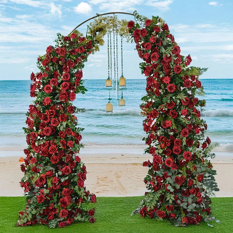 

Artificial Green Plants Deep Red Cow Horn Flowers Wedding Arch Decoration Engagement and Proposal on site Decoration