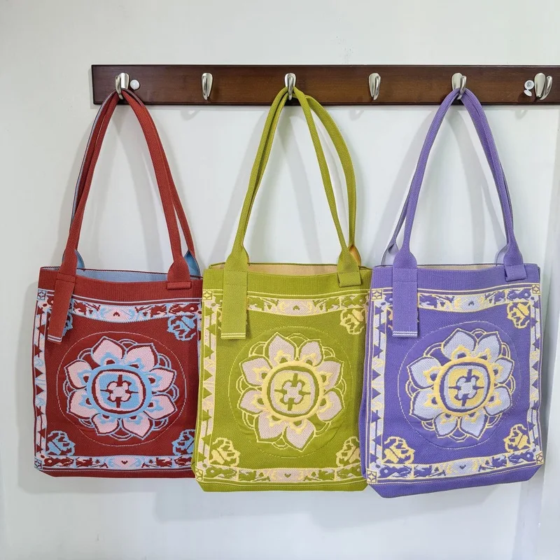 

New Chinese Style Personality Knitted Shoulder Bag Women Large Capacity Casual Versatile Tote Bag