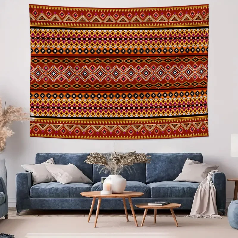 Red Tribal Aztec Geometric Pattern Wall Tapestry Machine Washable All Season Decor Art Print Ethnic Boho Design Home non-toxic