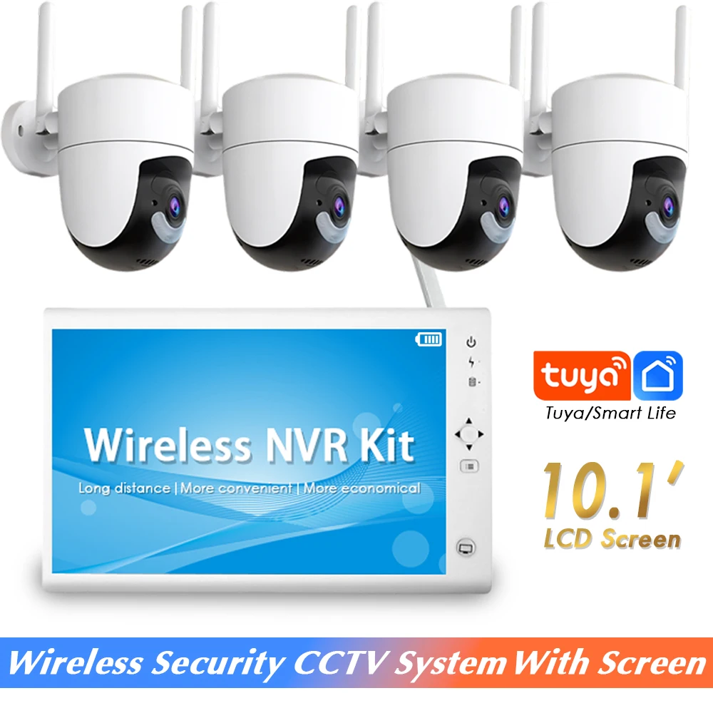 

Tuya 5MP HD H.265 PTZ WiFi IP Camera 8CH Wireless 10.1-inch LCD Monitor NVR Kit Home Security Video Surveillance Camera System