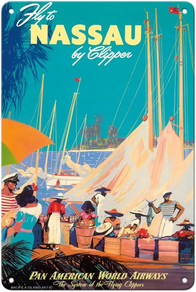 Fly to Nassau by Clipper - New Providence Island Bahamas - Pan American World Airways - Vintage Airline Travel Poster by Mark Vo