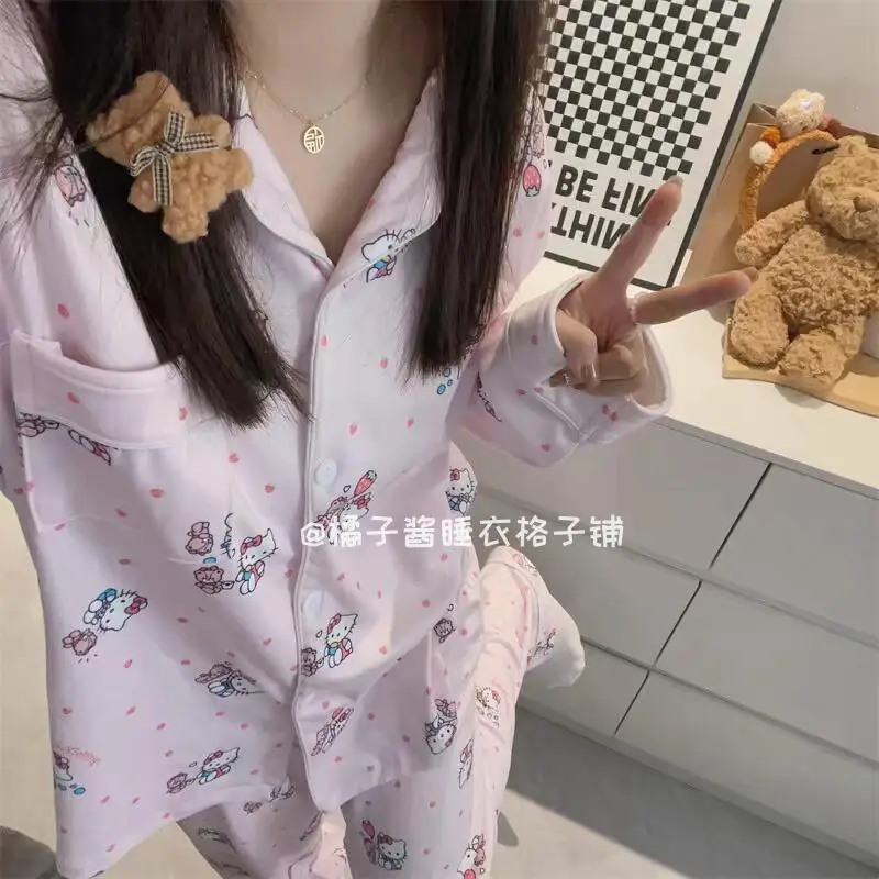 Set Piyama Sanrio Girl Microvilli Hello Kitty Kawaii Kartun Pelajar Kasual Musim Gugur Musim Dingin Leher Bulat Set Pakaian Santai Gaya Baru