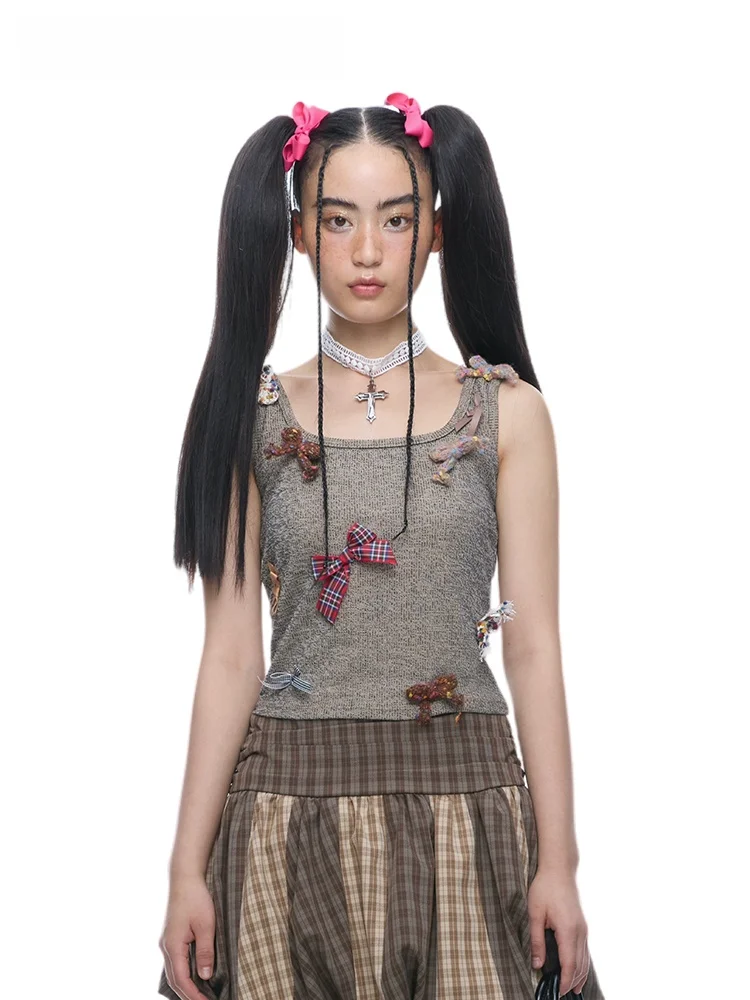 Sweet And Gentle Gray Brown Bow Tie Vest MOF Girl's Delicate Strap Top Polyester U-Neck Splice Slim Fit Outerwear Daily Wear