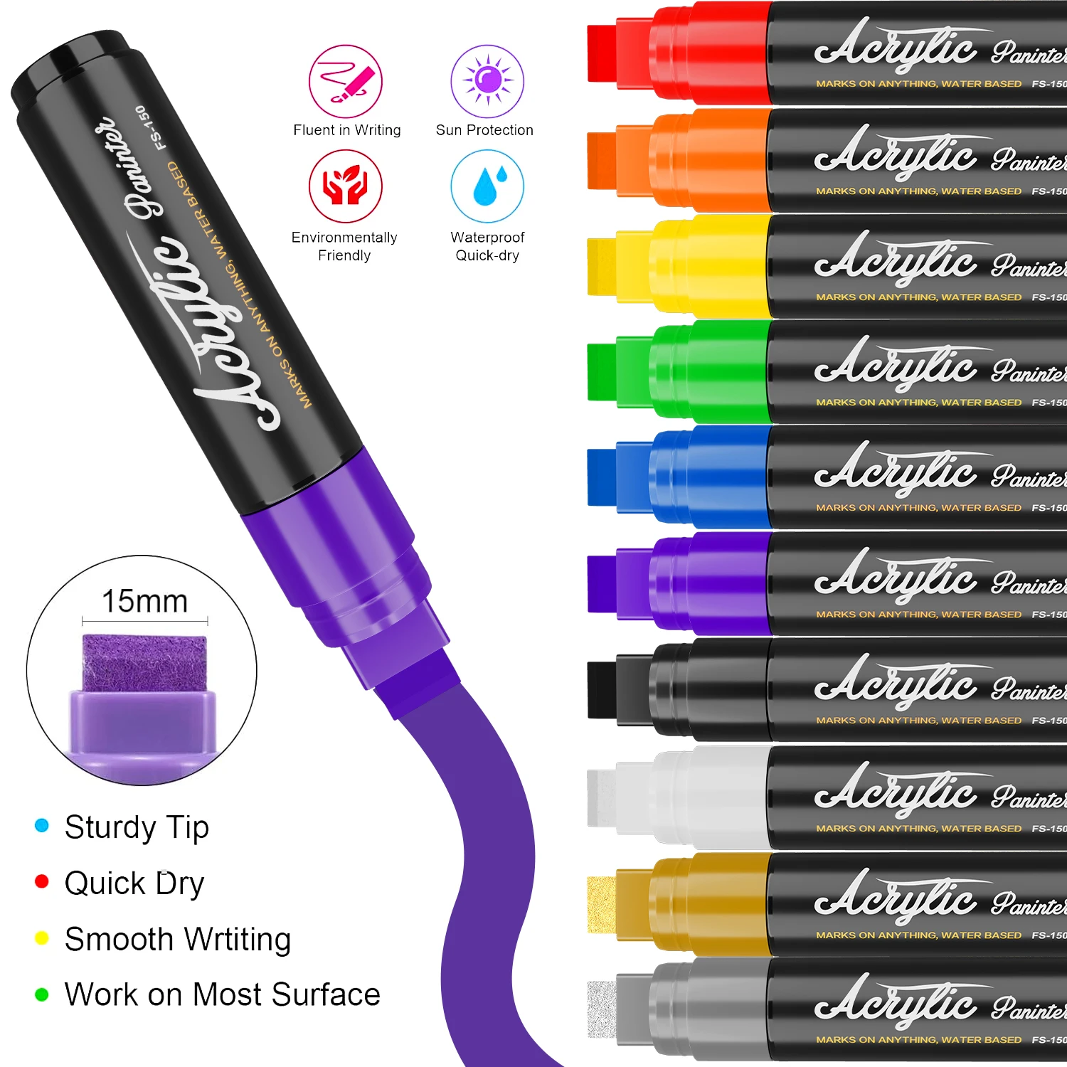 Flysea 10 Colors/Set Large Capacity 15mm Water-Based Acrylic Markers, Large Capacity 15mm Valve-Type Broad Tip Waterproof Fluorescent Pens, Liquid Graffiti Painting Art-Specific Non-Transparent Color Stackable DIY Markers