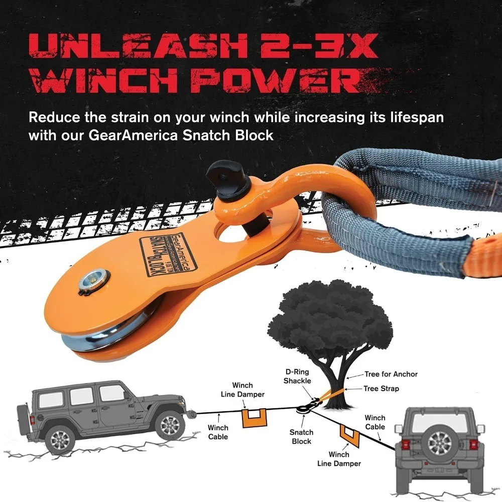 توصيل مجاني - مجموعة أدوات الاسترداد على الطرق الوعرة من GearAmerica، 9 طن، تتضمن حزام سحب، وحفظ شجرة، وبكرة كتلة الخطف، وأغلال حلقية على شكل حرف D