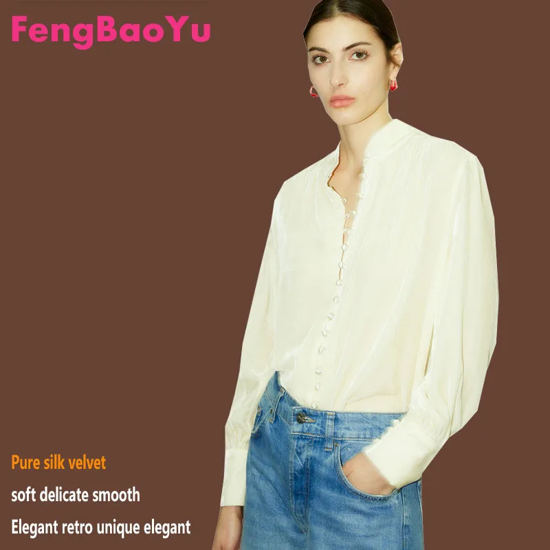 

Monochrome 100% Silk Velvet Shirt for Ladies, Standing Collar, French Court Style Blouse, Elegant and Noble, Spring and Autumn