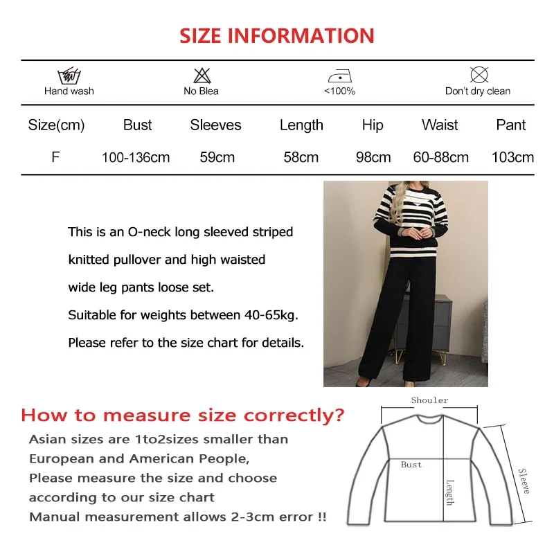 Women Autumn Casual Loose Two-piece Set O-Neck Long Sleeve Knit Striped Tops and Elastic High Waist Wide Leg Pants Office Outfit