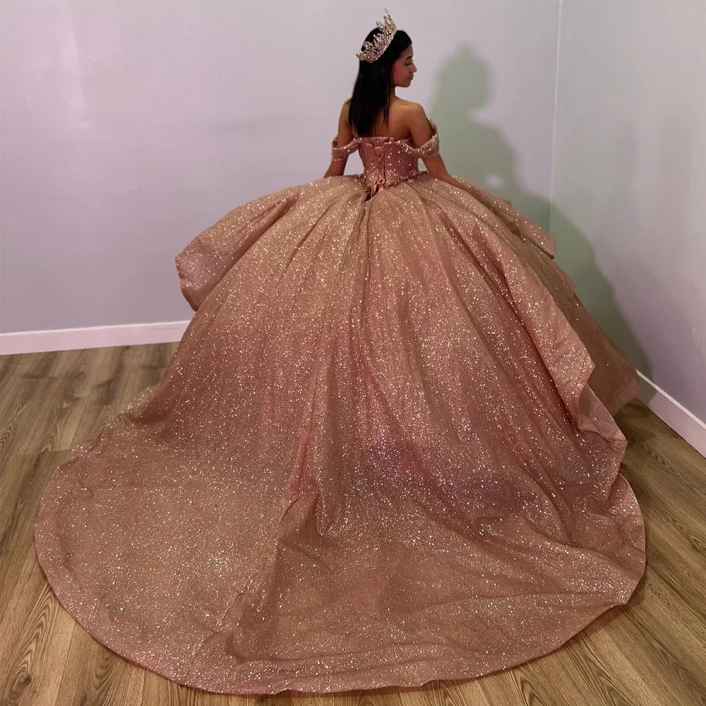 Roségouden Prinses Quinceanera Jurken Off Shoulder Ruches Gezwollen Gillter Pailletten Veters Corset Vestidos De Xv Años