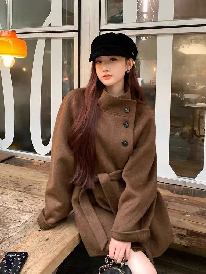 

plus Size 300 Pounds Brown Woolen Coat Women's Loose Stand Collar All-Match Style Winter Outerwear Korean Version Thickened L...