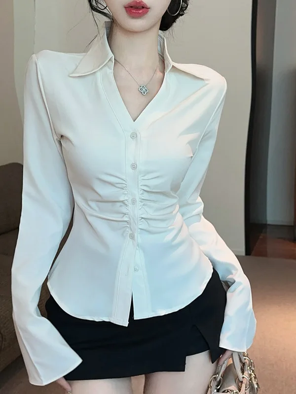 

Korean 2024 Autumn/winter Version New Lapel Single Breasted Long Sleeve Shirt Women Cinching Waist Solid Slim Casual Top Y3OJ