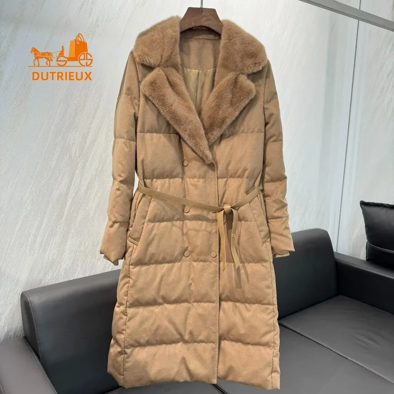 New Winter Down Jacket for Women, Long Large Lapel Mink Collar Splicing Cashmere 90 White Goose Down Jacket Belt Coat Keep Warm