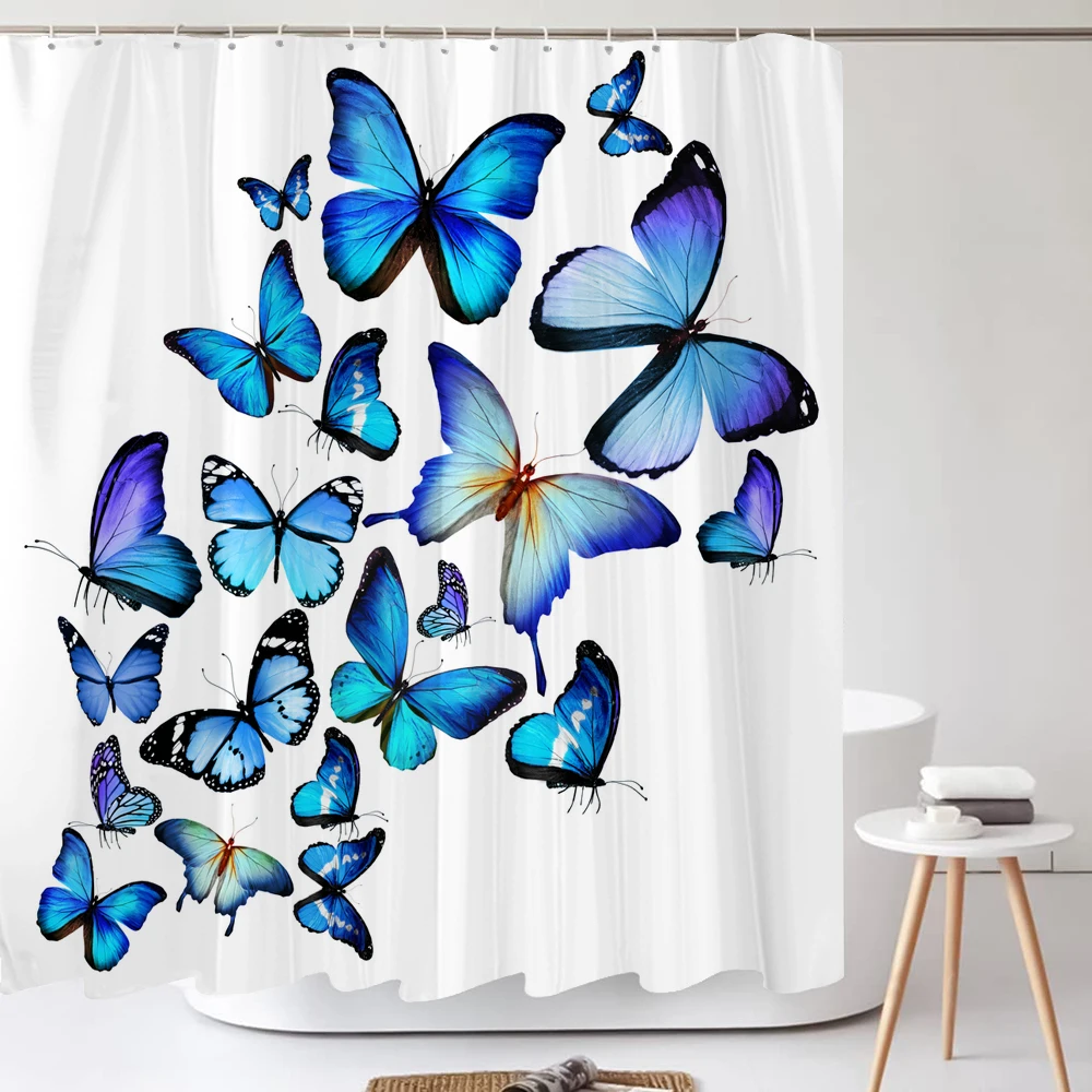 Purple Hydrangea Flower White Shower Curtain Landscape 3D Green Plant Waterproof Polyester Bathroom Curtains Bath Screen Decor