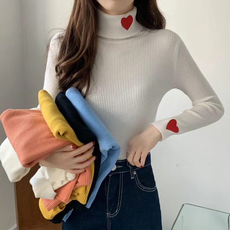 

Knitted Pullovers Sweater Women 2023 Ribbed Chic Heart Embroidery Turtleneck Autumn Winter Basic Female Fit Soft Warm Solid Tops