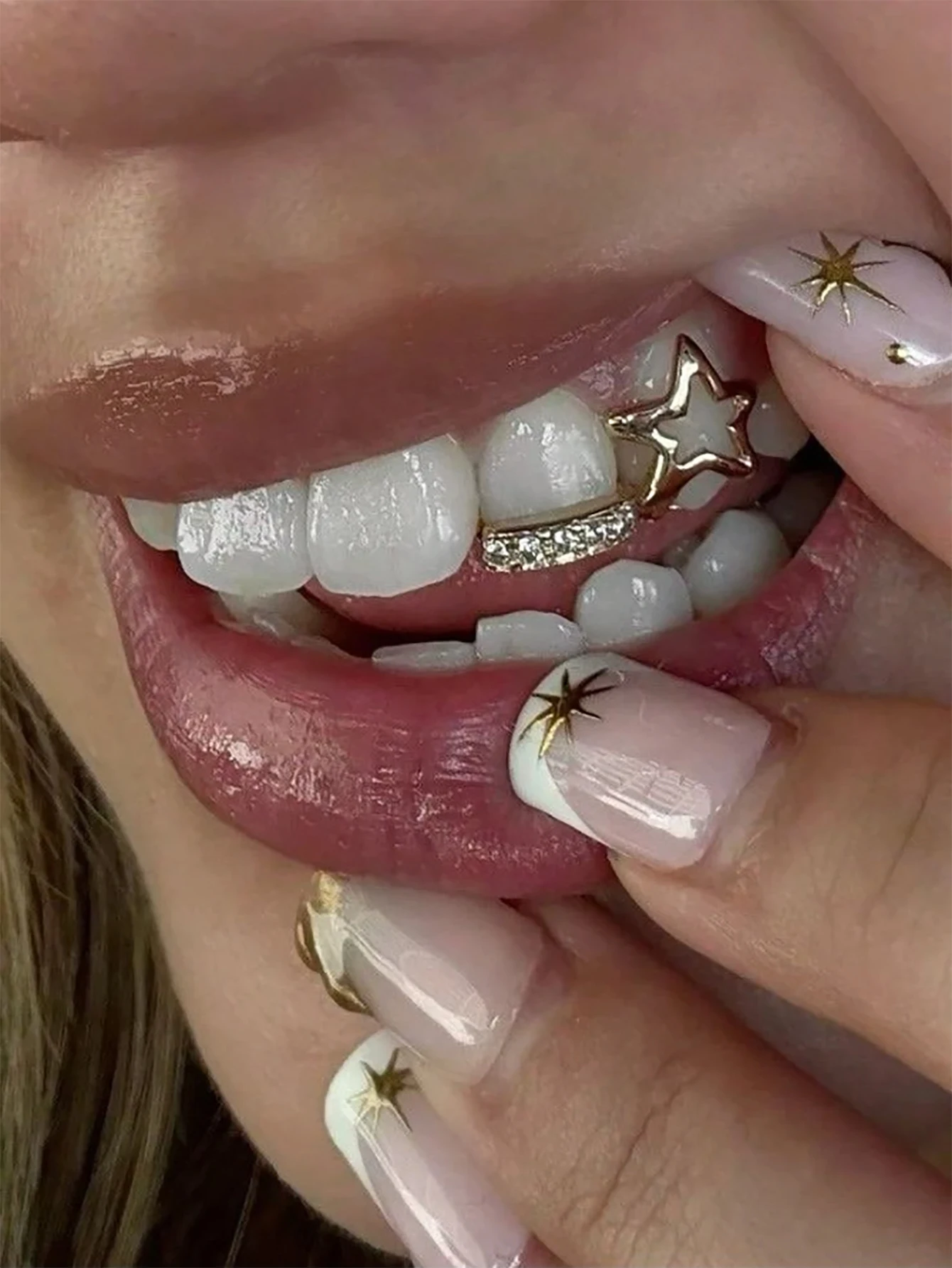 1Pcs Fashionable Women's Tooth Jewelry, Hollow Five-Pointed Star And Bar Zirconia Double Tooth Accessories