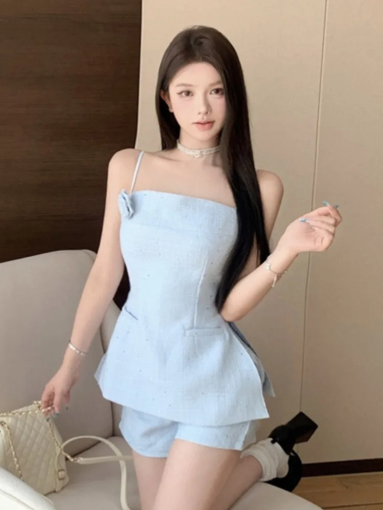 High Quality Girl Hotsweet Summer French Small Fragrance Tweed Two Piece Pant Set For Women Flower Sexy Top + Short Sets Suits