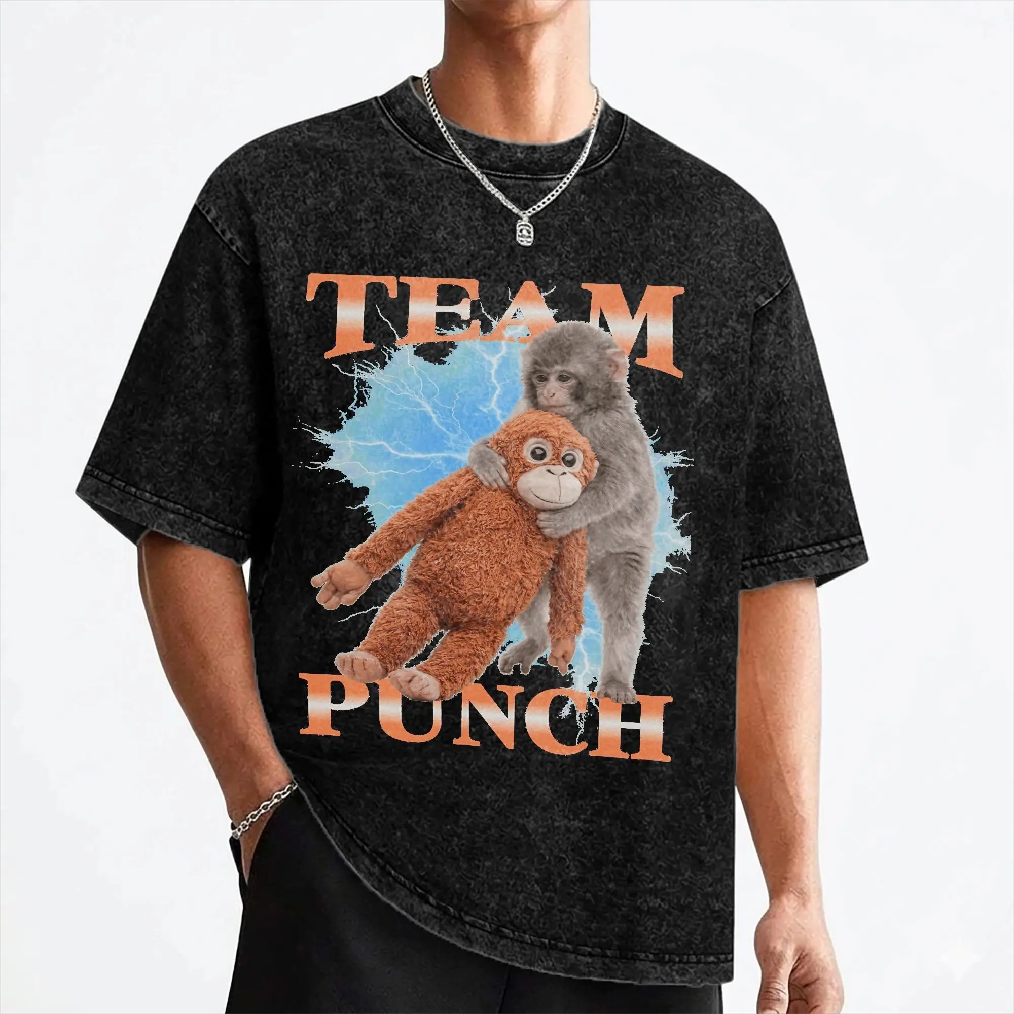 Kawaii Punch Baby Monkey T Shirts Washed 100% Cotton T-Shirts Vintage for Men Women Streetwear Graphic Printed Tee Shirt