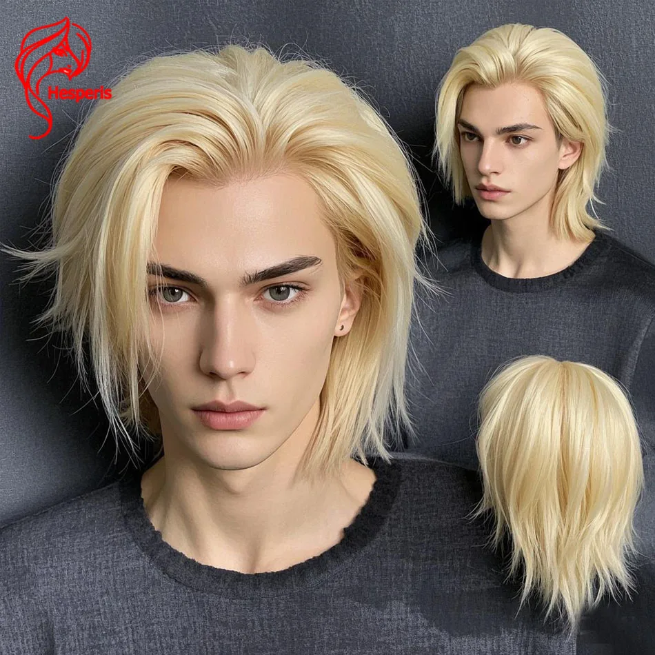 Hesperis 13X4 Lace Front Men Wigs Brazilian Remy Blonde Human Hair Wig For Men Short Cut Layered 10-14 Inchh 613 Color