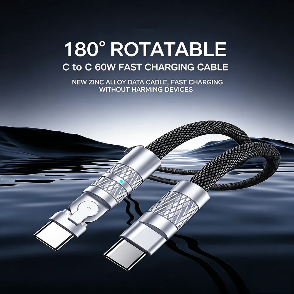 180°Rotating 60W USB C to USB C Cable Type C Charger Wire 3A Fast Charge for iPhone 17/16/15 Macbook iPad Samsung Galaxy Xiaomi