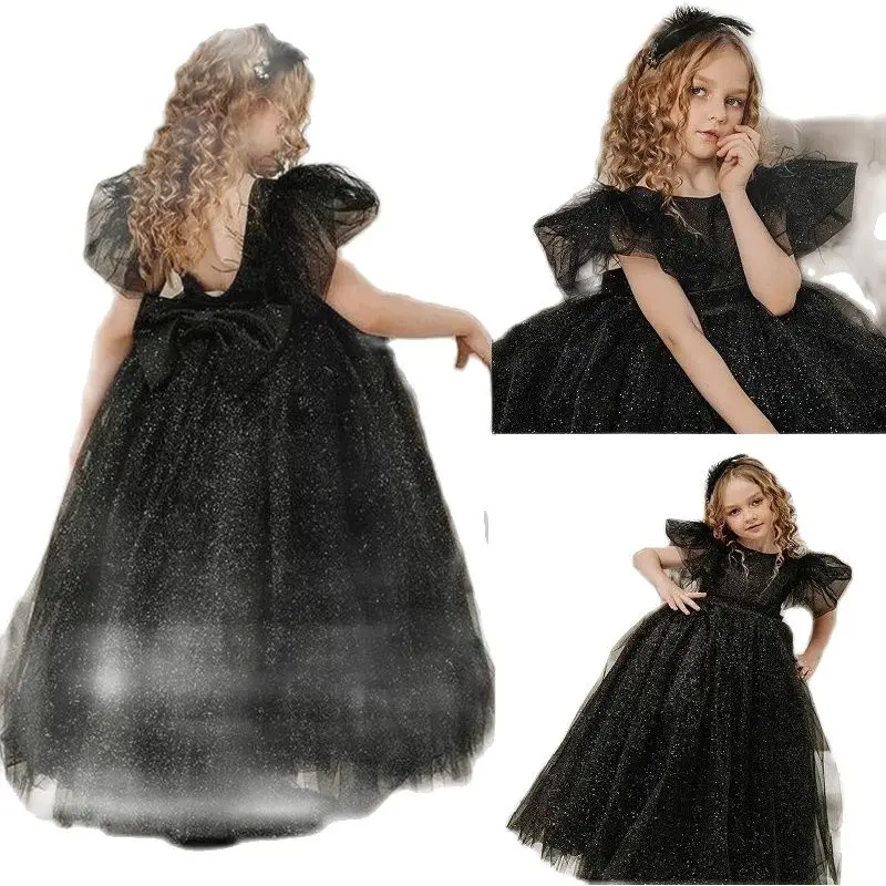 

Black Shiny Flower Girl Dresses Tulle Backless Feather Ball Gown Lilttle Kids Birthday Pageant Weddding Wears