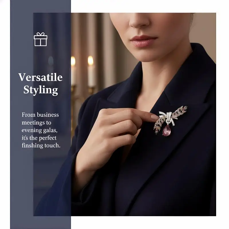 Sparkling Zircon Waterdrop Flower Brooches Delicate Wheat Plant Lapel Pin for Women Wedding Banquet Party Dress Jewelry Gift