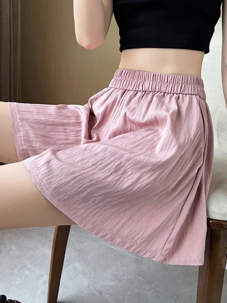 Solid Color Classic Elastic High Waist Cool Shorts for Women Summer Thin Style Fashion Loose Casual Basic Pockets Female Shorts