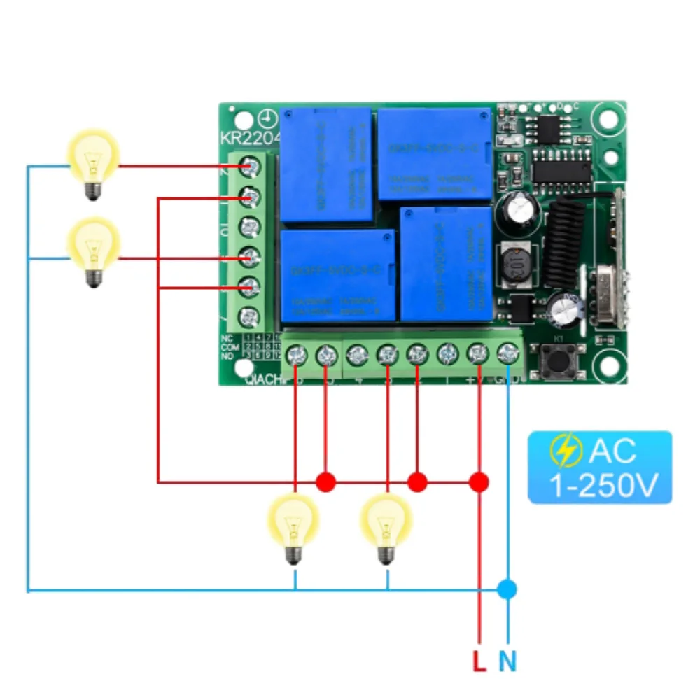 

AC90-220V 433MHZ 4 Way Relay Module Wireless Controller Receiver Supports Jog Self-Locking Interlocking Mode for Gate Door LED