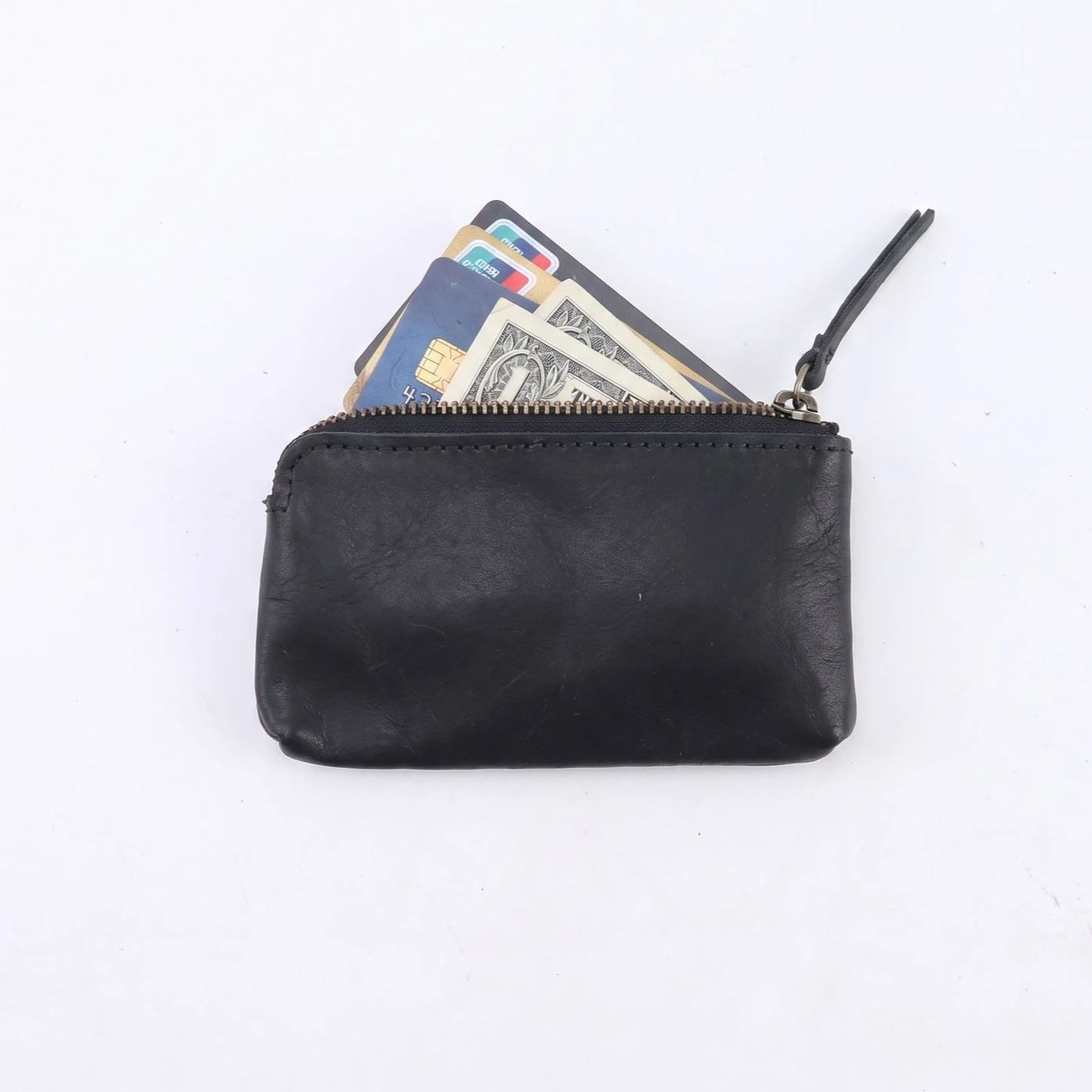 Leather Mini Zipper Coin Purse Wallet,Small Coin Organizer, Vintage Style wrinkled Cowhide Zipper Storage Change Holder for Men