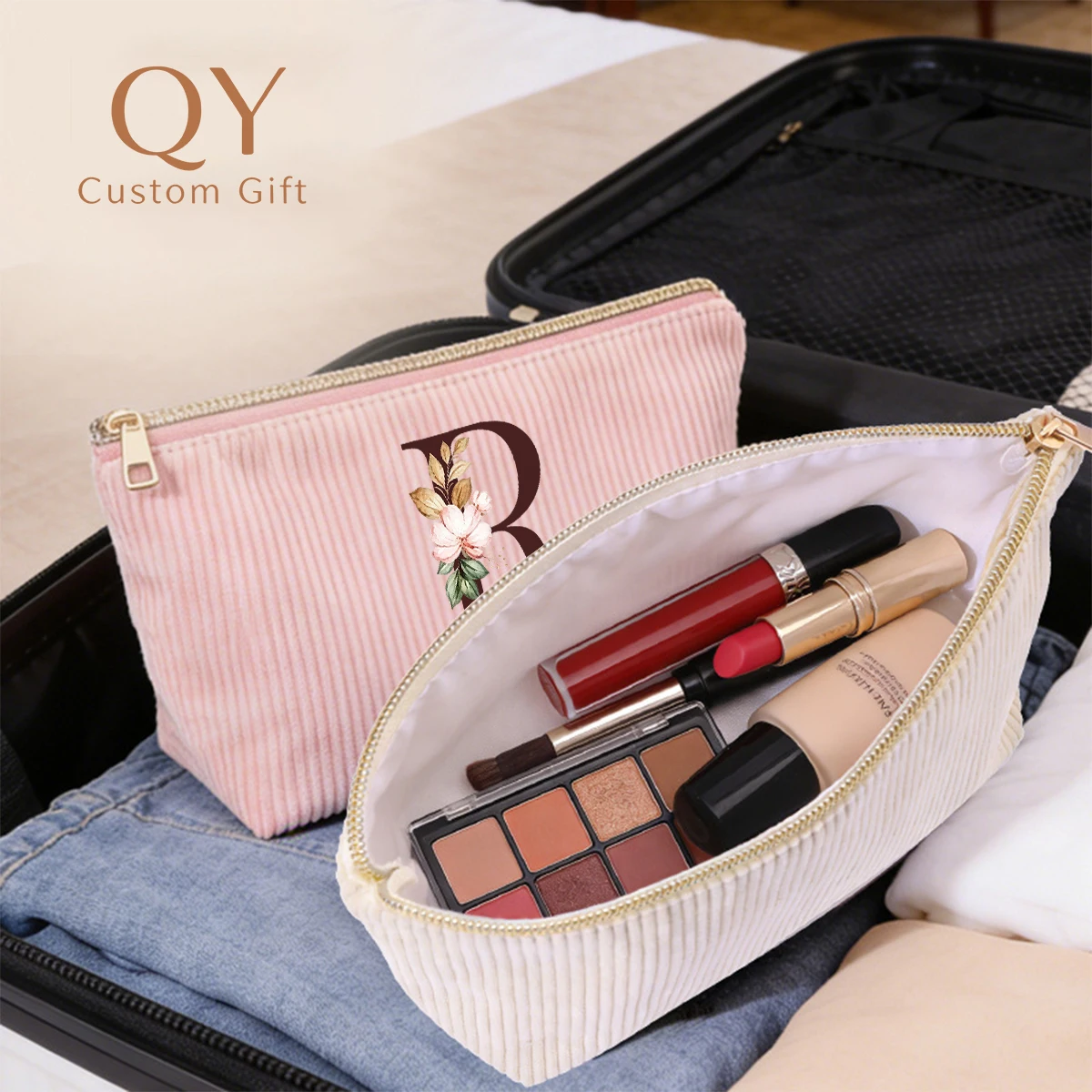 1PC Custom Handwritten Name Corduroy Travel Toiletry Bags for Women Gifts Makeup Bag Pencil Case Storage Organizer Handbag