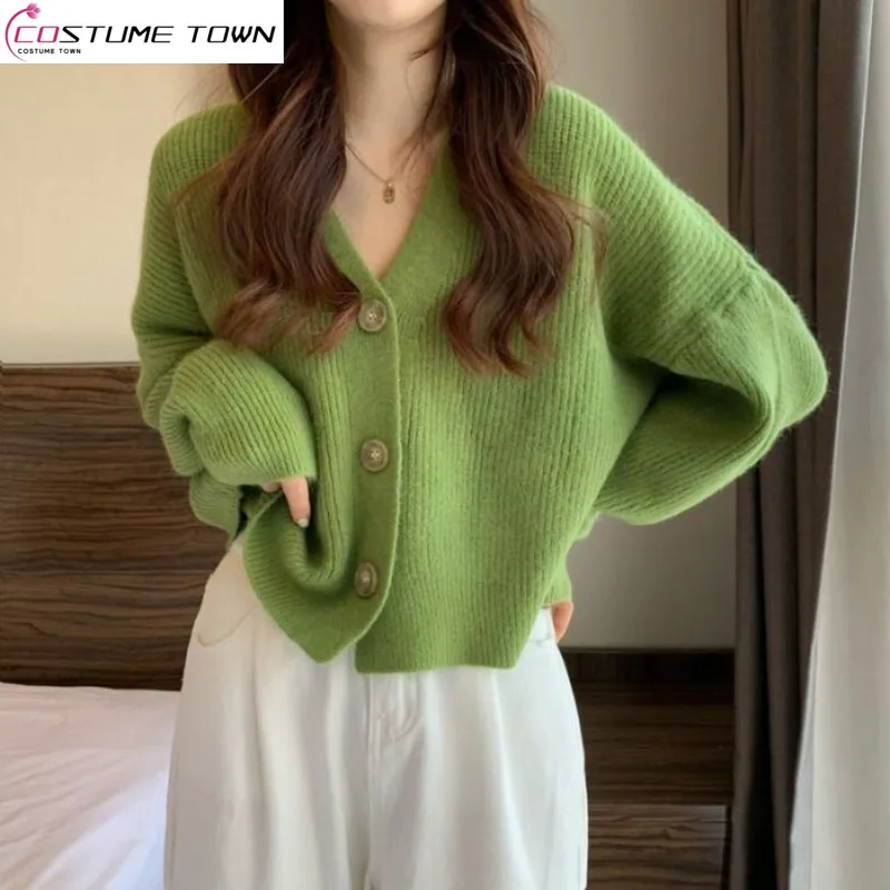 Korean Spring and Autumn 2023 New V-Neck Loose Slouchy Knitwear Long Sleeve Sweater Cardigan Women\'s Top Coat