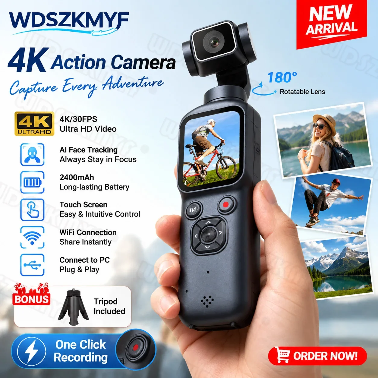 Videocamera d'Azione 4K con 330 Funzioni ° Stabilizzatore Gimbal con Tracciamento del Viso, Schermo Touch da 1,72 Pollici, Funzione WiFi, Gimbal Tas