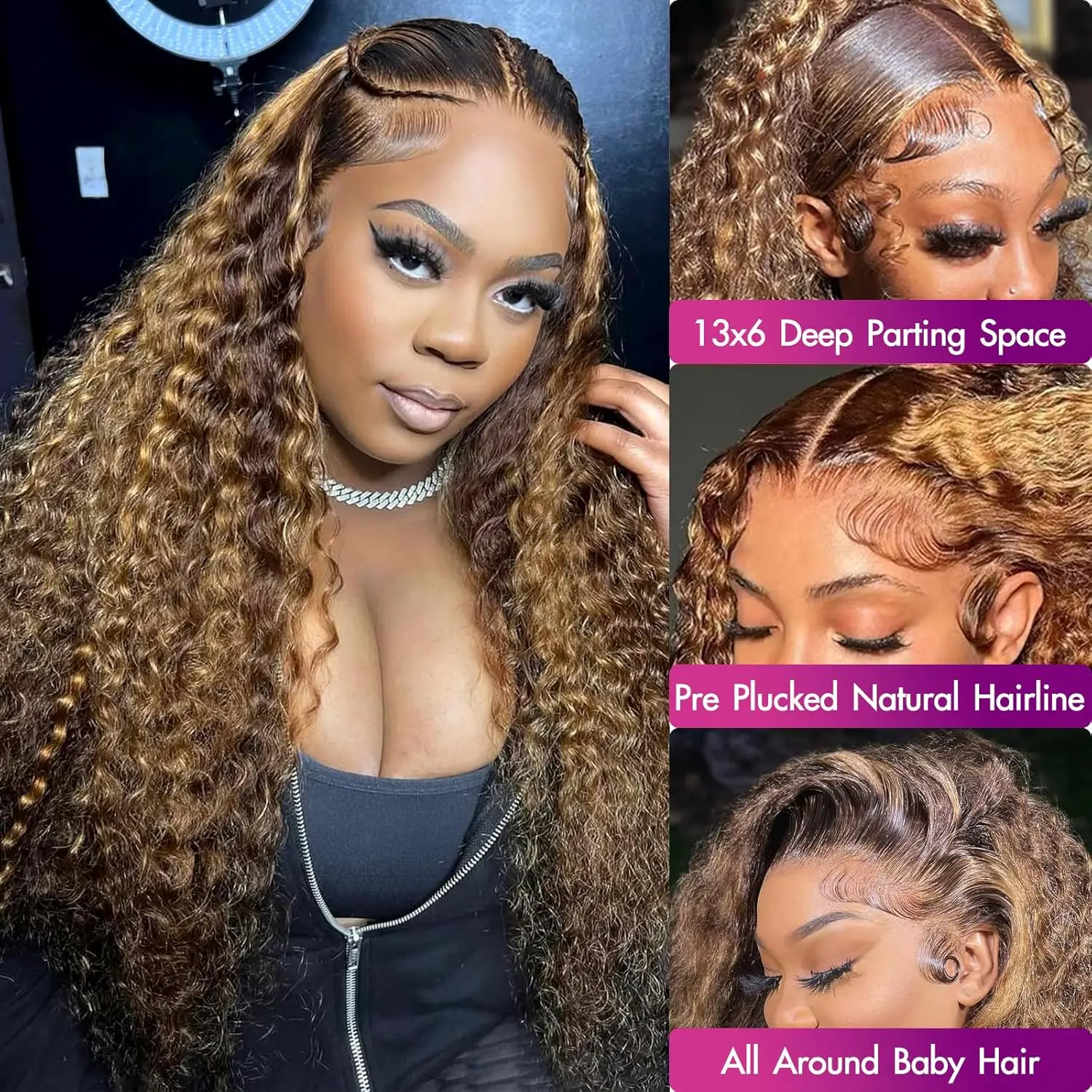 Destaque onda profunda encaracolado 13x6 peruca frontal do laço transparente 200 densidade ombre mel loira onda de água perucas de cabelo humano brasileiro