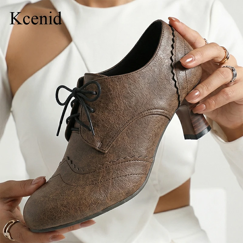 

Винтажные туфли-оксфорды Kcenid для женщин, большие размеры 34-50, на шнуровке, с массивным каблуком, элегантные, с круглым носком, лоферы