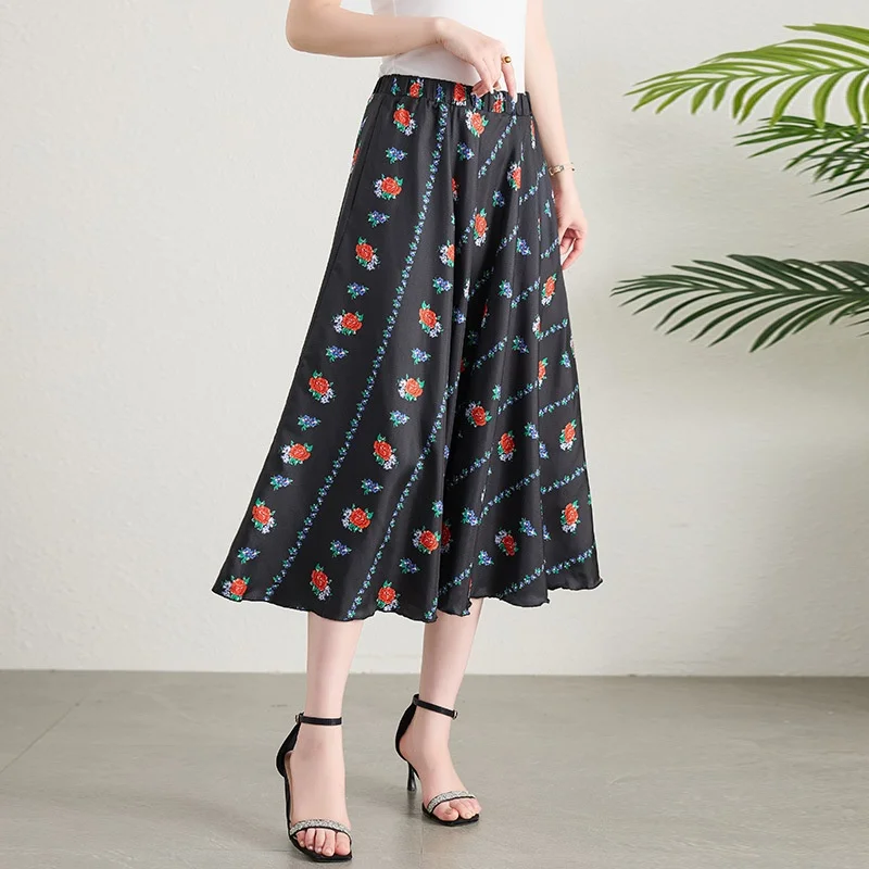 Sommer Seide Blumendruck Midirock Hohe Taille A-Linie Maxikleid Fee T Sensenwirtschaft Seide f-länge Ci Outdoor Sle