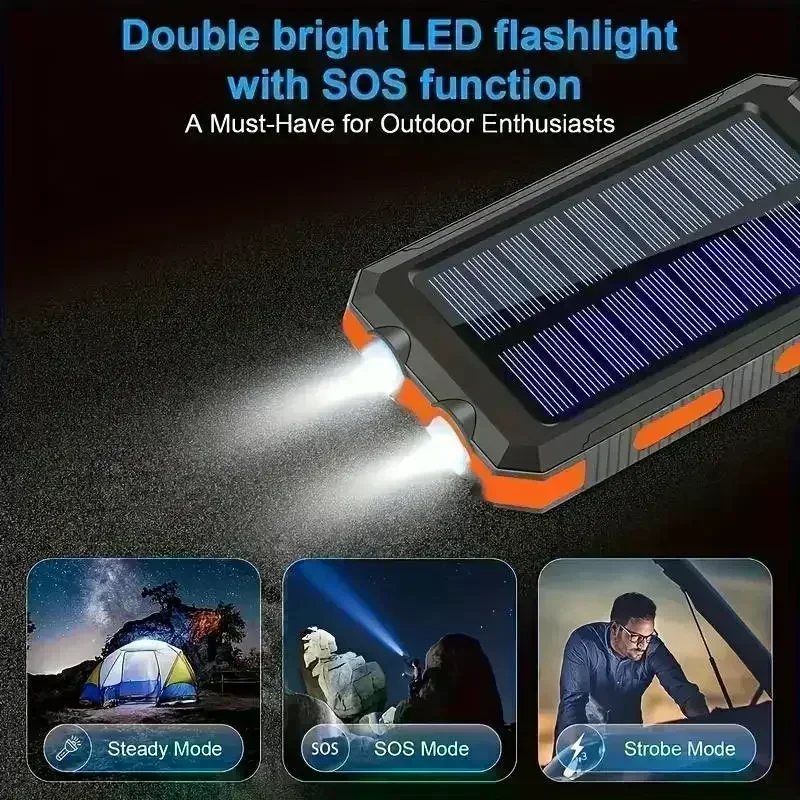 10000mAh Emergency Solar Power Bank Compass LED Light Portable for Camping Hiking