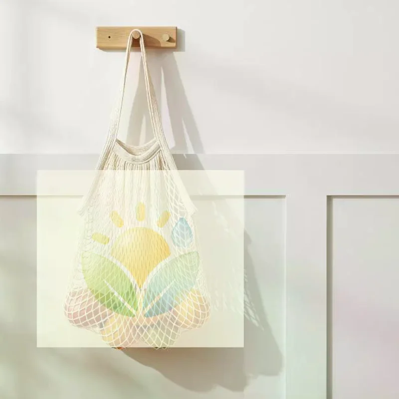 Portable Woven Cotton Mesh Shopping Bag Foldable Reusable Handheld for Farmer Market Grocery Fruit Carry Travel Use