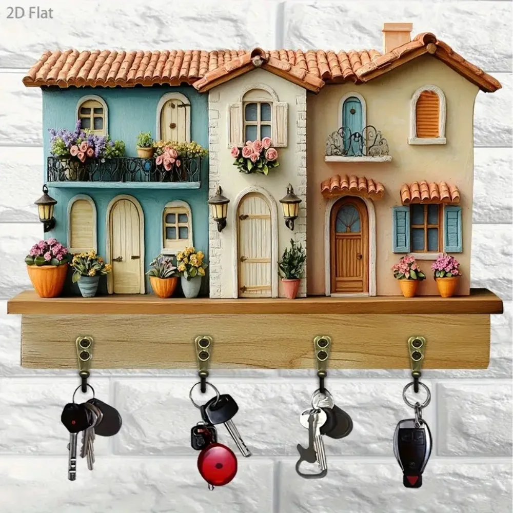 2D Modern Villa Wooden Multifunctional Home Key Holder with Four Metal Hooks, Wall, Porch, Room, Villa, Seasonal Home Decoration